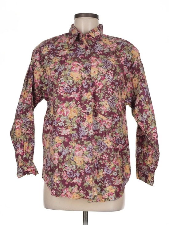 Tops - Vintage 90s Whimsical Bold Moody Floral Button-Up Shirt in Burgundy and Pink